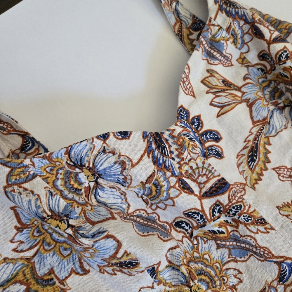 Linen XL Floral yellow blue spring summer skater feminine cottage midi dress - Picture 3 of 7